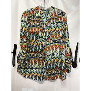 New Directions Weekend Button Front Blouse Roll Sleeve Large Colorful‎ Artsy